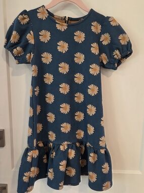 Kidpik Blue Daisy Dress Girls XS 5/6 Floral Puff Sleeve Ruffle Hem Soft Knit